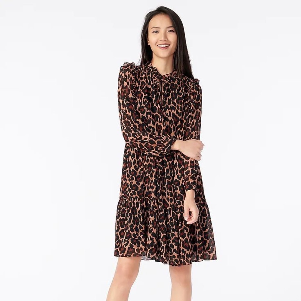 Tall Tie-neck tiered dress in leopard crinkle chiffon